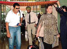Bowling coach of the Pakistan cricket team Wakar Younis and his wife at the Taj Hotel on Thursday