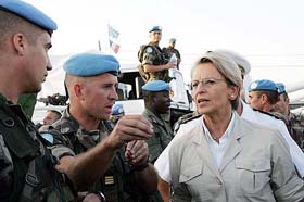 French Defence Minister and possible presidential candidate Michele Alliot-Marie with French soldiers in Afghanistan. 