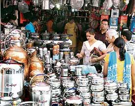 Women busy buying untensils to celebrate the festival of Dhanteras in Ludhiana on Thursday.