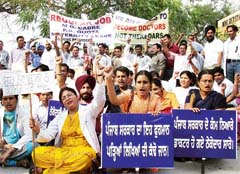 Rural medical service providers stage a protest in Bathinda