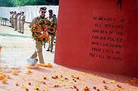 The UT Inspector-General of Police, Mr S.K. Jain, lays a wreath on the police martyrs memorial at Sector 17 police station in Chandigarh on Saturday