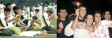 Pakistan cricket team members perform namaz after a practice session at the cricket stadium in Sector 16, Chandigarh, on Sunday; and captain Younis Khan, wicketkeeper Kamran Akmal, Imran Farhat and bowler Umar Gul, celebrate Divali at Mr Ranjit Bajajs residence at Sector 16, Chandigarh, on Saturday
