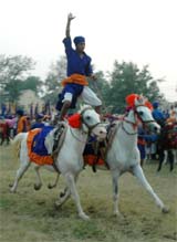 A nihang performs skills on the occasion of Bandi Chhor Divas in Amritsar on Saturday. Bandi Chhor Divas commemorates the release of the sixth Sikh Master, Guru Hargobind, from the Gwalior fort.