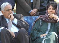 Former Chief Minister of Jammu and Kashmir Mufti Mohammad Syeed and his daughter and PDP President, Mehbooba Mufti, at a public meeting in Anantnag, south of Srinagar, on Sunday.