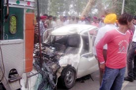 A scene of the accident in which five memebrs of two related families of Mimsa and Muhamdgarh villages of Sangrur district were killed at Jagera village near Ahmedgarh 