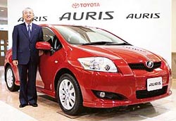 Toyota Motor President Katsuaki Watanabe introduces new compact passenger car "Auris" in Tokyo