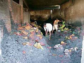 Workers look through the ash after a massive fire in Kidwai Nagar in Ludhiana on Sunday night. 