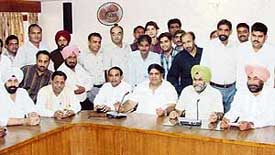 Parliamentary Secretary Surinder Dawer, Dakha MLA Milkiat Singh Dakha and Mayor Nahar Singh Gill during a Congress workers' meeting in Ludhiana on Monday. 