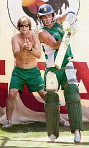 South African batsman Herschelle Gibbs (right) and fielding coach Jonty Rhodes during a practice session at the Sardar Patel Stadium in Ahmedabad on Monday. 