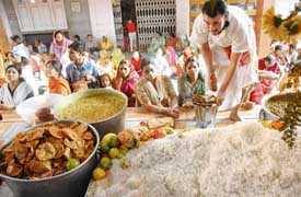 Devotees at Chaitanya Gaudiya Math in Sector 20, Chandigarh, on the occasion of Sree Goverdhan Puja Annkut Mahotsav on Monday
