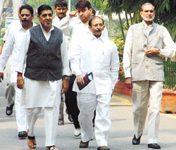 Delhi Congress President Ram Babu Sharma along with Congress MPs Sajjan Kumar and Jagdish Tytler after meeting the Monitoring Committee member in connection with the sealing drive in the Capital