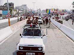 The Punjab Chief Ministers convoy takes a round of the elevated road which was inaugurated by him in Ludhiana on Wednesday. 