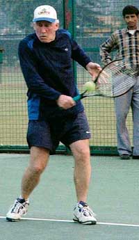 Ian Chappell plays tennis at the Chandigarh Club on Thursday. 