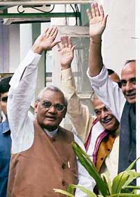 Former Prime Minister Atal Bihari Vajpayee, BJP president Rajnath Singh (right) and Murli Manohar Joshi on their arrival for the party National Executive Committee in New Delhi on Thursday. 