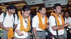 Members of Indian cricket team Rahul Dravid, Sachin Tendulkar, Mahindra Singh Dhoni and Harbhajan Singh on their arrival at Hotel Mountview in Sector 10, Chandigarh, on Friday