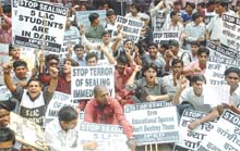 Whatever it takes: Some commercial educational institutes facing sealing of their premises after resumption of the drive on November 1 got their students to organise a protest rally at Jantar Mantar on Friday.