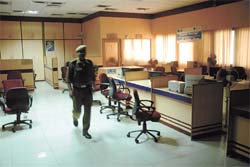 State Bank of Indias main branch on Parliament Street wears a deserted look on Friday during a nationwide strike by staff in protest against the governments anti-labour policies.