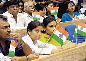 Relatives of victims of terrorism during a function to pay tributes to the victims of Delhis triple blasts of October 29, 2005, organised by the Anti-Terrorist Front at Vigyan Bhavan in New Delhi on Friday