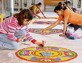 Students at a rangoli competition in Ludhiana