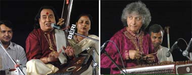 Famous vocalist Pt Channu Lal Mishra and legendary santoor player Pt Shiv Kumar Sharma perform at Baba Jassa Singh Music Festival in Kapurthala on Saturday night.