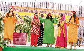 Students present a skit on the second day of the Panjab University Zonal Youth Festival in Ludhiana