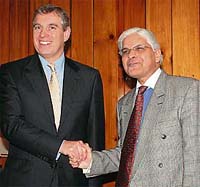 The Duke of York, Prince Andrew (left), with Union Minister of State Ashwani Kumar in New Delhi on Monday.