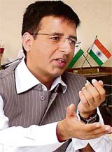 Haryana Transport Minister Randeep Singh Surjewala addresses a press conference at the district secretariat in Panchkula on Monday.
