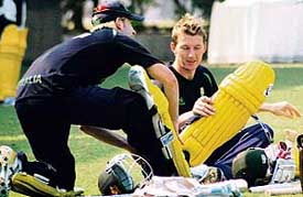 Australian cricketers pad up for net practice session at PCA Stadium, Mohali, on Tuesday