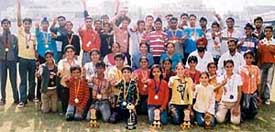 Students of Bharatiya Vidya Mandir, Ludhiana, who won 63 medals in the 19th Punjab State Athletics Meet held at Talwara