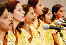 Students participate in a group singing competition during the first day of the Panjab University youth festival at the Government College of Education, Chandigarh, on Wednesday.