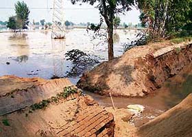 A view of a breach in Behman Distributary on the Bathinda-Malout road on Wednesday.