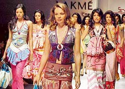 Models walk on the ramp for designer Sandip Biswas at the Lakme Fashion Week in Mumbai 