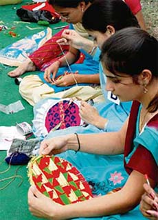 Students participate in a phulkari competition at the Government College of Education, Sector 20, as part of the Panjab University youth festival