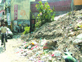 Garbage flows into Panj Peer trijunction from a vacant plot in Jalandhar.
