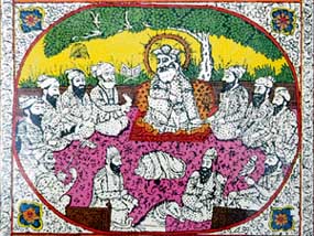 A traditional painting showing Guru Nanak Dev and his followers