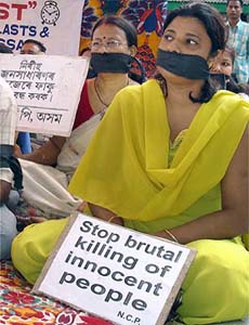 NCP activists stage a dharna demanding peace in the region in Guwahati