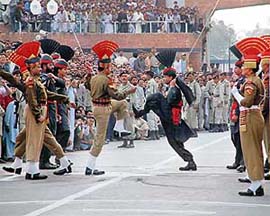 BSF jawans at the Beating the Retreat ceremony in Wagah on Tuesday.