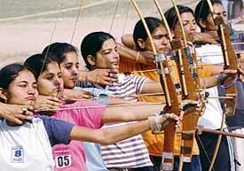 Archers in action at the Senior Chandigarh State Archery Championship at DAV School, Chandigarh, on Wednesday. 