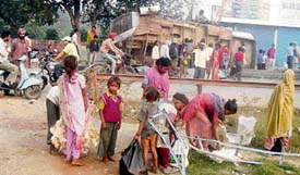 Children and elders collect injured and dead poultry birds from a truck that overturned at Mandi Ahmedgarh on Tuesday.
