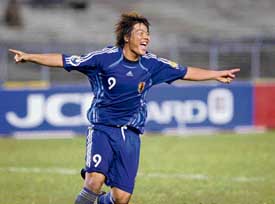 Japans Morishima Yasuhito celebrates after scoring a goal against Korea Republic during a semifinal match of the AFC Youth Championship at the Salt Lake Stadium in Kolkata on Thursday