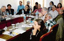 Delegates at the session on role of media in peace and development during the International Conference on Peace and Development in memory of P.N. Haksar at the Centre for Research in Rural and Industrial Development in Chandigarh on Friday.