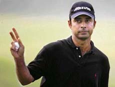 Jyoti Randhawa gestures after completing the 18th hole on the second day of the HSBC Champions golf tournament at the Sheshan Golf Club in Shanghai on Friday. 