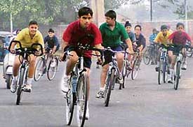 The cycle race organised by Yadavindra Public School, Mohali, to celebrate Childrens Day in progress