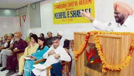 Poets in Mehfil-e-Shayari organised by the Chandigarh Sahitya Akademi at the Akademi Hall, State Library, Sector 34, Chandigarh, on Saturday