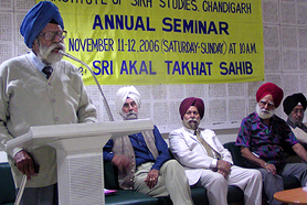 Dr Kirpal Singh speaks on the concluding day of the seminar on The concept of Sri Akal Takht at Shivalik Public School in Mohali on Sunday.