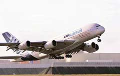 An Airbus A380 takes off from Toulouse-Blagnac airport on Monday. Another A380 will take off from the southern French city of Toulouse