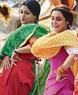 Actors Rani Mukherjee (right) and Konkana Sen shoot for a film at Varanasi on Monday.
