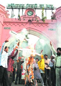  Gateway of protesters:  Agitators burn an effigy  in front of Hall Gate in Amritsar. A file photo