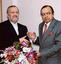 Mr Murli Deora, Union Minister of Petroleum and Natural Gas, with Mr Manouchehr Mottaki , Iranian Foreign Minister, during their meeting in New Delhi on Friday.