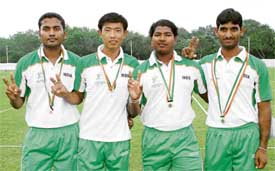 Jayanta Talukdar, Tarundeep Rai, Vishwas and Mangal Singh, who won the team gold in the recurve event at the 2nd Commonwealth Archery Championship in Jamshedpur recently
